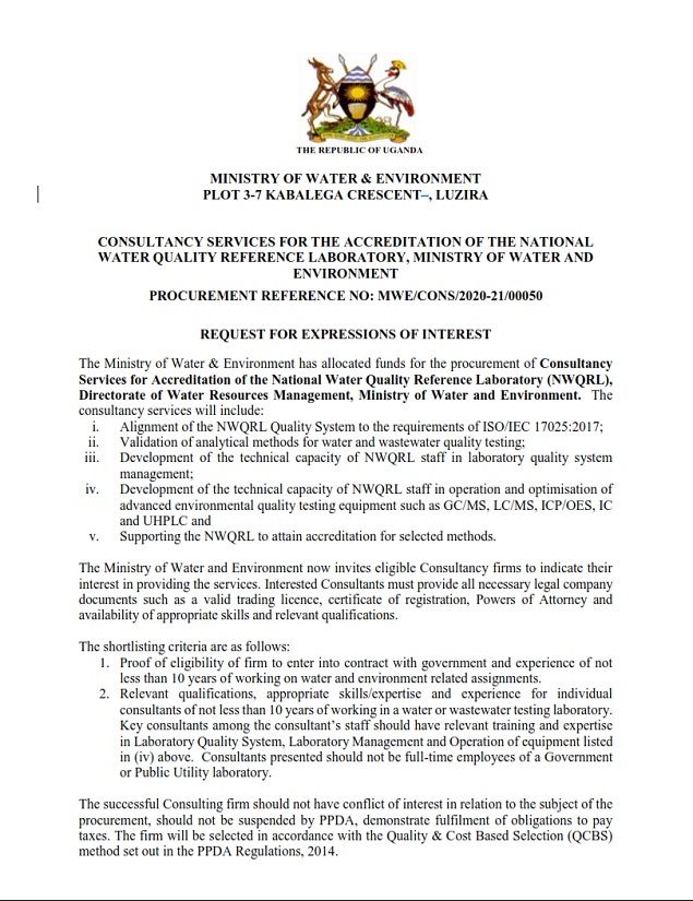 Consultancy Services for Accreditation of the National Water Quality Reference Laboratory (NWQRL)