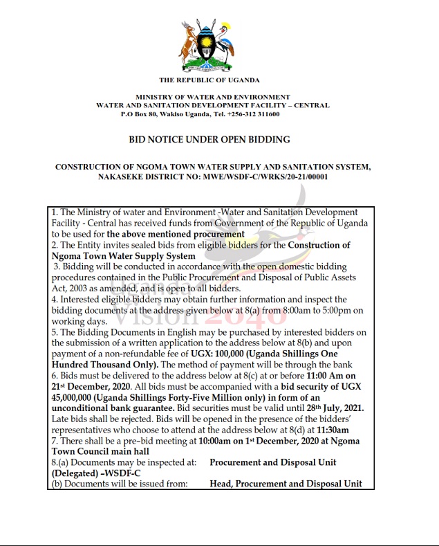 CONSTRUCTION OF NGOMA TOWN WATER SUPPLY AND SANITATION SYSTEM, NAKASEKE DISTRICT NO: MWE/WSDF-C/WRKS/20-21/00001